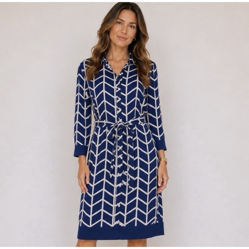 Donna Morgan Belted Midi Dress Sz 6/8 Career Office Business Stretch Button Down